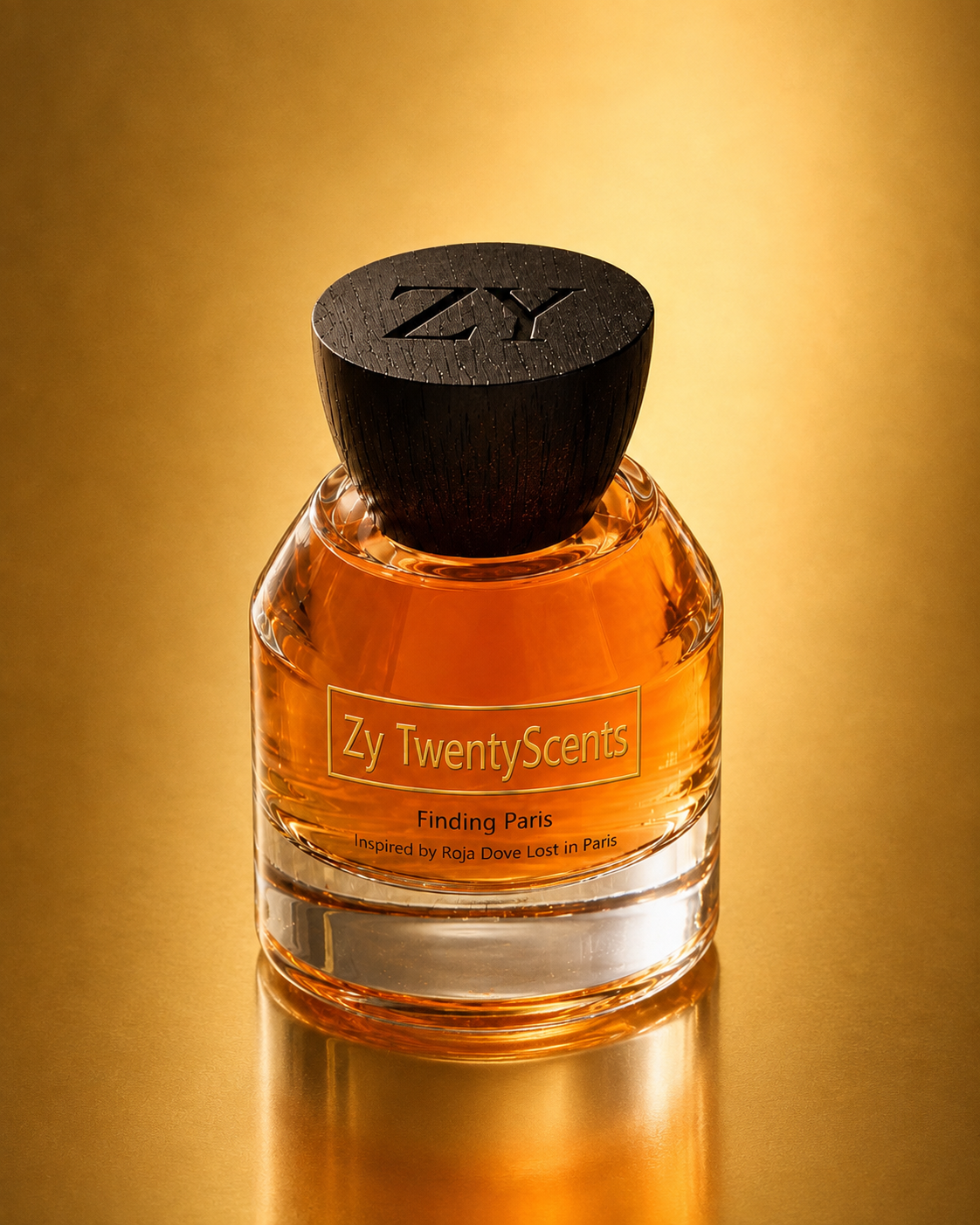 A bottle of Zy TwentyScents 'Finding Pains' fragrance with amber-colored liquid, a clear glass body, and a dark wood cap embossed with 'ZY', set against a warm golden background.