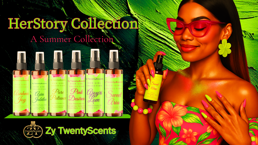 Woman with neon nails holds Sweet Aria perfume from Zy TwentyScents HerStory Collection, featuring six vibrant bottles on a green summer background.