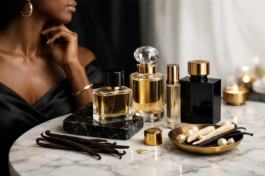 Elegant gold-toned perfume bottles with crystal and matte black caps on marble surface in vanilla fragrance collection review