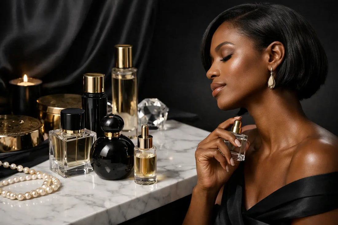 A woman in a black satin dress holds a small transparent glass perfume bottle with gold cap featuring affordable luxury scents.