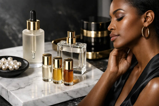Transparent glass perfume oil bottle with gold spray top showcasing an alcohol free perfume oils design elegance