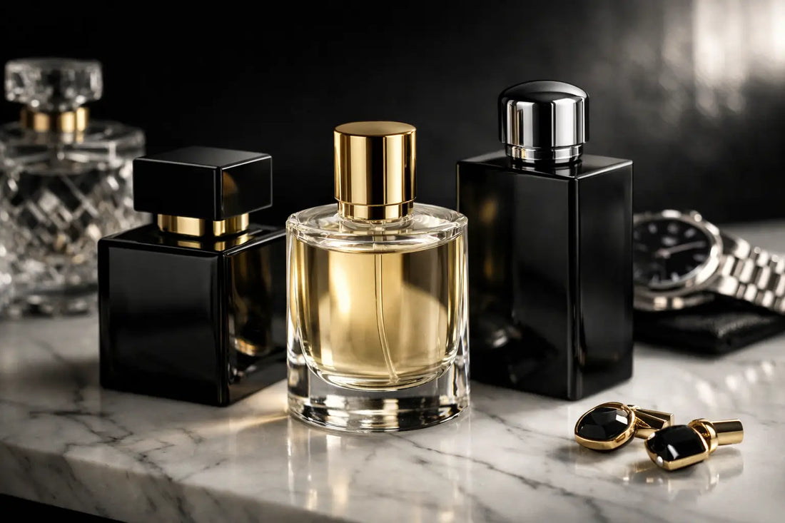 A clear glass perfume bottle with golden liquid and gold cap representing the best affordable luxury perfume for men.
