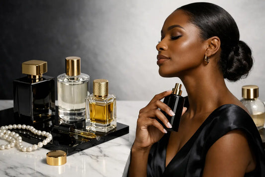 Black rectangular perfume bottle with gold cap held in hand showcasing designer scent alternatives for scent alternatives guide