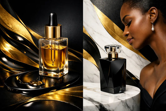 Black geometric perfume bottle with gold cap and clear stopper illustrating fragrance oil and concentrated oils use