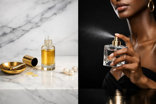 Gold roll-on perfume oil bottle with amber liquid and matching cap beside golden dish and pearls for fragrance lovers