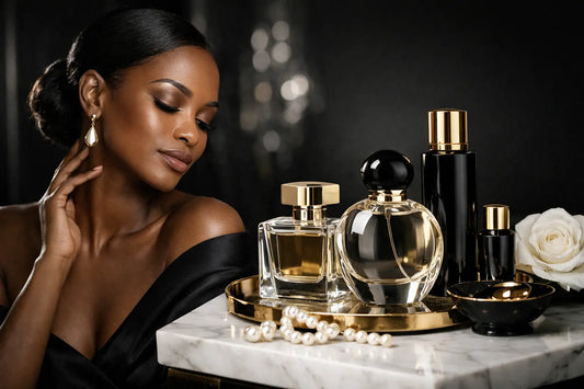 A sleek transparent glass perfume bottle with gold cap and black stopper for affordable luxury perfumes for women.