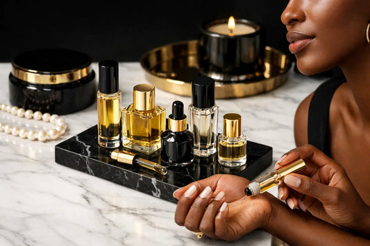 Gold-toned perfume atomizer with sleek cylindrical body and matching cap for luxury everyday perfume oils use