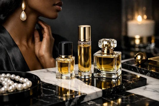 Three elegant perfume bottles with gold and black caps filled with amber luxury fragrance oils to elevate style