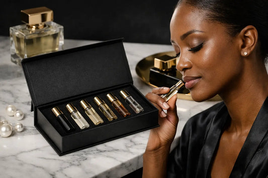 Black luxury perfume oil sampler travel set with gold caps and clear glass vials containing various fragrances