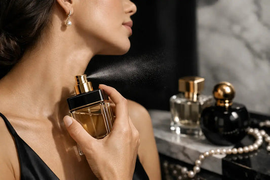 A sleek black perfume bottle with gold cap and faceted glass held to apply perfume for long lasting fragrance.