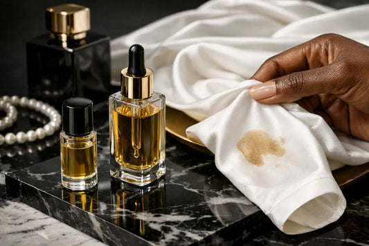 A clear glass dropper bottle with golden perfume oil and black cap for applying perfume oils without stain clothes.