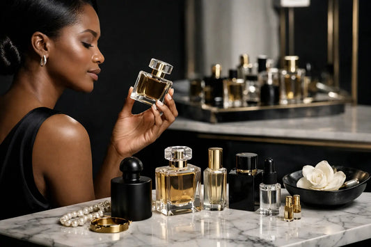 A sleek transparent glass perfume bottle with gold cap and crystal stopper to build your fragrance wardrobe.