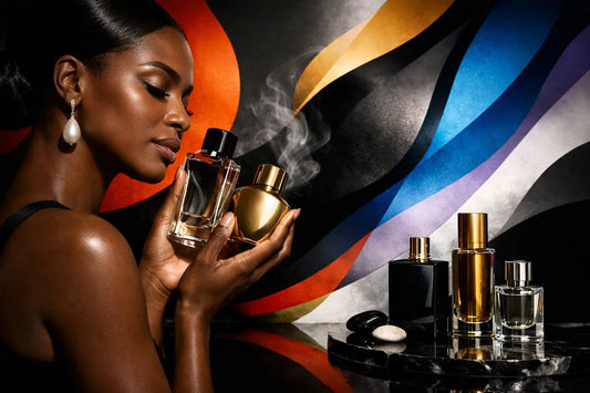 A woman holds two elegant perfume bottles enhancing the fragrance wardrobe with distinct scent profiles.