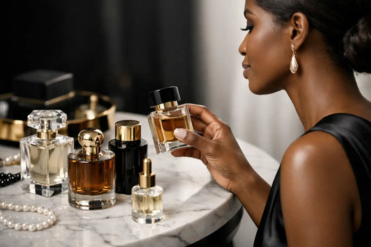 A sleek transparent glass perfume bottle with black cap and gold accents to choose signature scent with confidence.