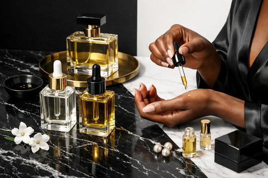 Golden liquid perfume oils in a clear glass dropper bottle with black cap and gold accents to mix perfume oils