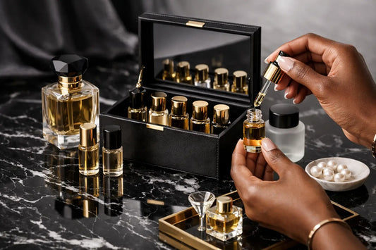 Black leather perfume box with gold trim holding multiple golden-capped bottles to store perfume oils securely