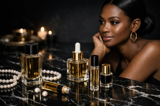Elegant gold-toned date-night fragrance bottles with black caps and amber floral scent on dark marble surface