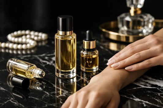 Golden liquid perfume oil in a tall clear glass bottle with black cap and gold band for perfume oils safe use.