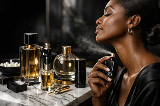 Black rectangular perfume bottle with gold-tone cap and pump held in hand illustrating how fragrance develops with natural warmth on skin using perfume oils