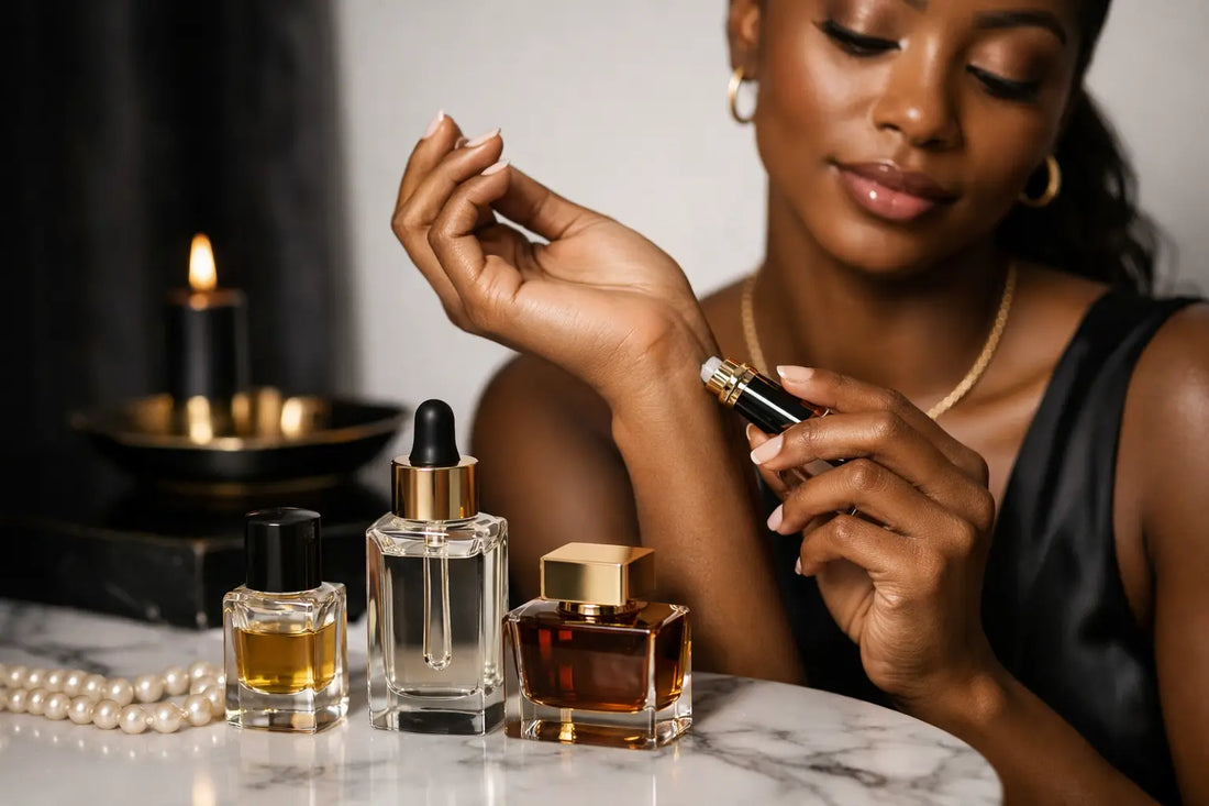 A woman delicately applies perfume oils from a sleek black and gold bottle with elegant glass bottles to layer perfume oils.