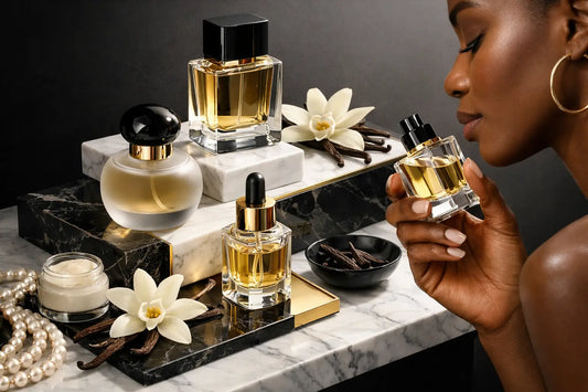 A woman holds a glass perfume bottle with black vanilla accents demonstrating how to layer vanilla fragrances by Asahna Joy.