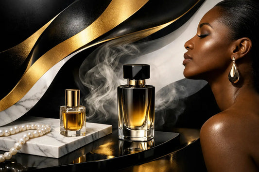 A sleek rectangular perfume bottle with black cap and gold accents contains amber perfume oil highlighting oil concentration.