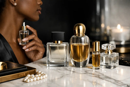A woman holds a clear glass perfume bottle with a gold dropper cap featuring affordable luxury perfume dupes.
