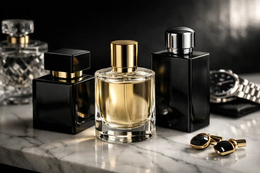 A clear glass perfume bottle with golden liquid and gold cap representing the best affordable luxury perfume for men.