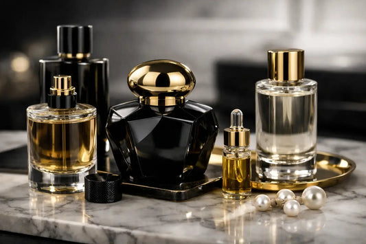 Black faceted perfume bottle with glossy gold cap and base illustrating perfume oils that help fragrance lasts longer