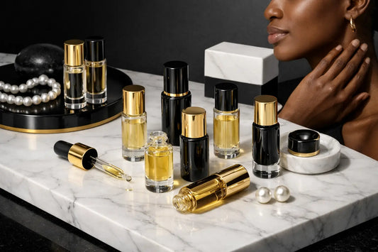 Elegant black and gold skin scent perfume oil bottles with clear glass bodies and golden dropper caps for quiet luxury.