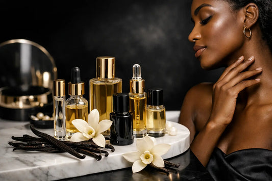 A collection of elegant vanilla perfume oils in gold and black capped bottles on marble tray with vanilla beans and flowers.