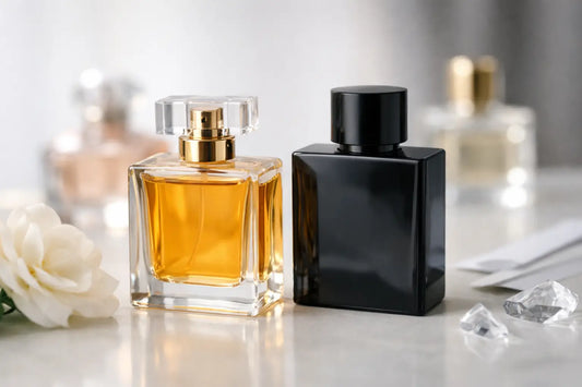A clear glass perfume bottle with amber-colored perfume oil and a gold-tone spray nozzle illustrating inspired perfumes.