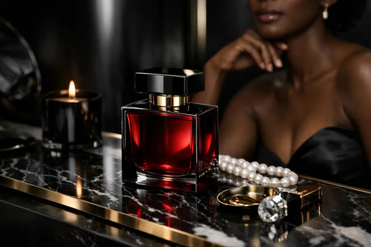 A sleek square bottle of crimson storm perfume oil with a glossy black cap and gold accents for everyday luxury