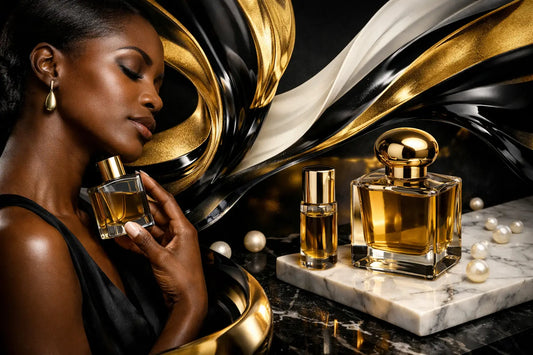 A luxurious gold-toned oil based perfume bottle with a square glass body on a marble surface highlighting perfume oils benefits.