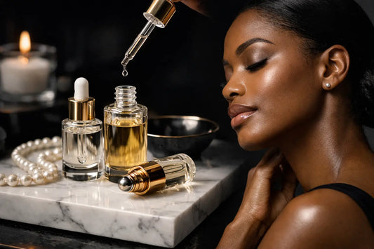 Gold-toned dropper bottle with clear glass body containing amber liquid of concentrated perfume oils.