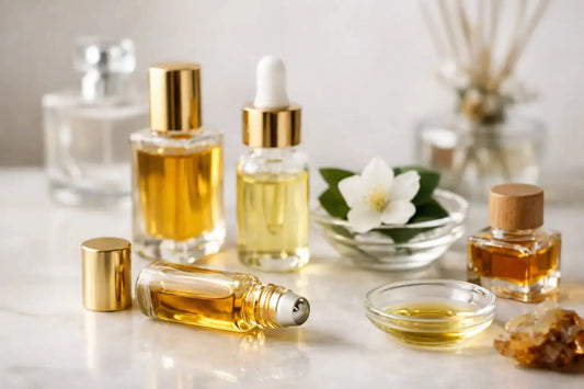 Golden-hued perfume oil in a clear glass rollerball bottle with a silver-toned cap featured in 11 facts about perfume oils