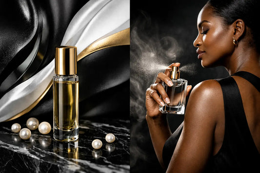 Elegant gold-toned alcohol free perfume bottle with clear glass and amber liquid set on luxurious black and white fabric
