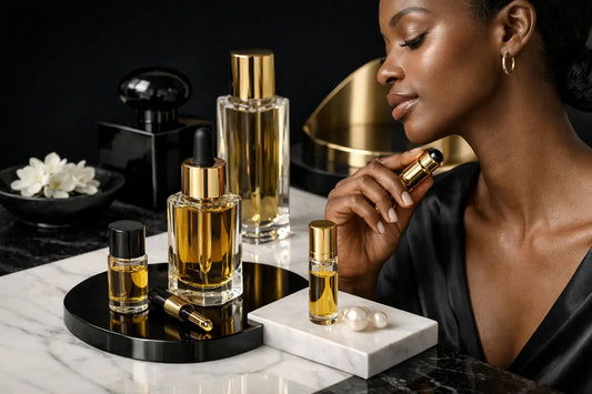 A woman holds a small gold perfume oil bottle with a black dropper cap highlighting modern perfume oil trends.