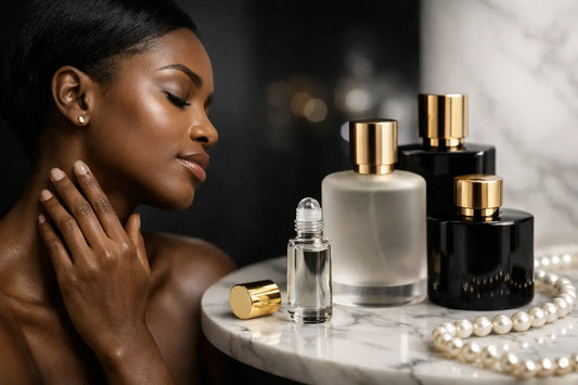 A clear glass rollerball perfume bottle with gold cap and transparent liquid illustrating skin scent trend perfumes