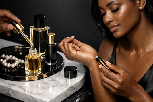 Gold-toned dropper bottle with transparent glass body filled with amber liquid illustrating perfume oil smell on skin