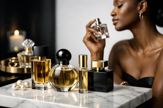 A woman holds a clear glass perfume bottle with gold cap among black and gold luxury fragrances on marble surface.