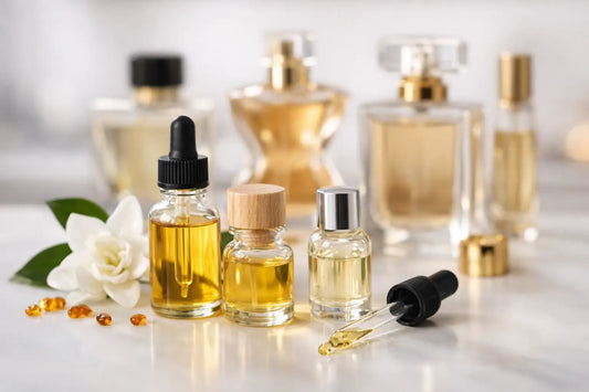 A clear glass bottle with black dropper cap filled with golden-yellow fragrance oils alongside perfume bottles and amber capsules