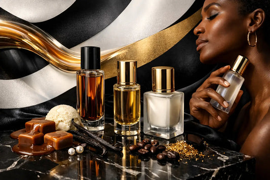 A woman holds a clear glass perfume bottle with a gold cap among luxury fragrance bottles showcasing gourmand perfume oils