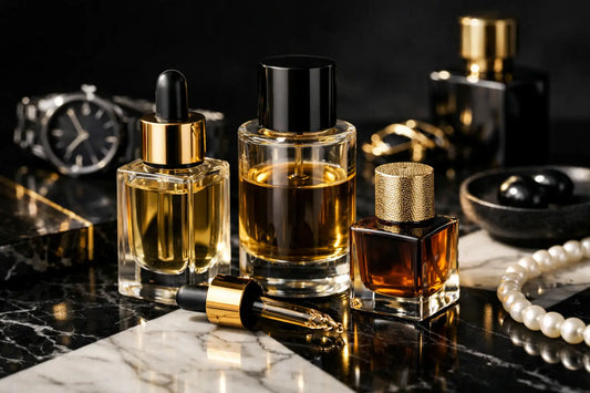 Three elegant glass perfume oil bottles with gold and black caps filled with amber fragrance oil for men