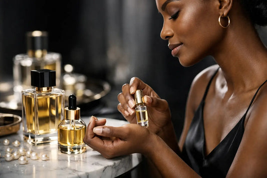 A woman holds a small gold-toned perfume oil bottle with dropper cap, ideal for applying on pulse points.
