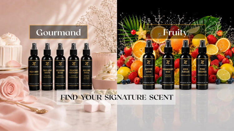 Five sleek black spray bottles with gold caps from zy twentyscents curated scent sets featuring gourmand girlie and milla vanilla