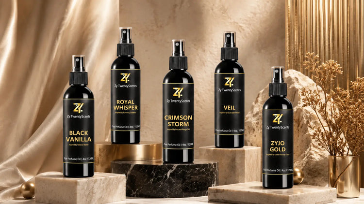 A sleek black and dark amber glass bottle of zy twentyscents wedding bliss luxury fragrance dupes perfume oil.