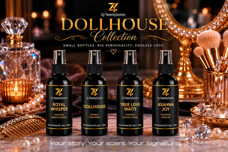Four black spray bottles with gold caps and lettering from zy twentyscents dollhouse collection pure perfume oils including strawberry kiss