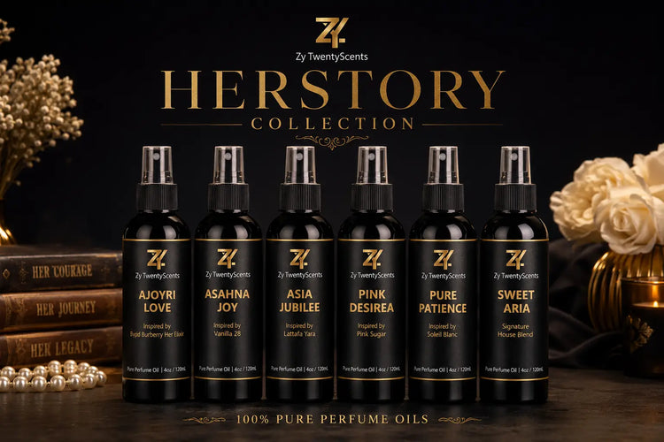 Five black spray bottles with gold caps and lettering from zy twentyscents herstory collection featuring sweet aria and ajoyri love