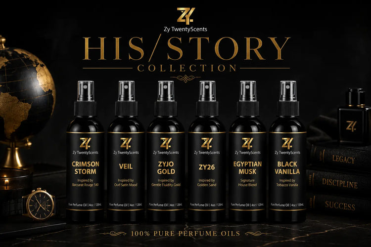 Six black spray bottles with gold caps and lettering from zy twentyscents hisstory collection designer inspired perfume oils